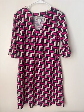 Jude Connally Geometric Print Pink Navy Stretch Knee Length Dress SZ Small